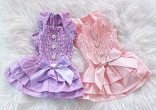 Load image into Gallery viewer, Smocked Rose Button Bow Dog Dress