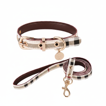 Load image into Gallery viewer, Cream Tartan Dog Collar &amp; Lead Set - Clean White Background
