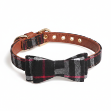 Load image into Gallery viewer, Tan Leather Tartan Bow Dog Collar - Square White Background
